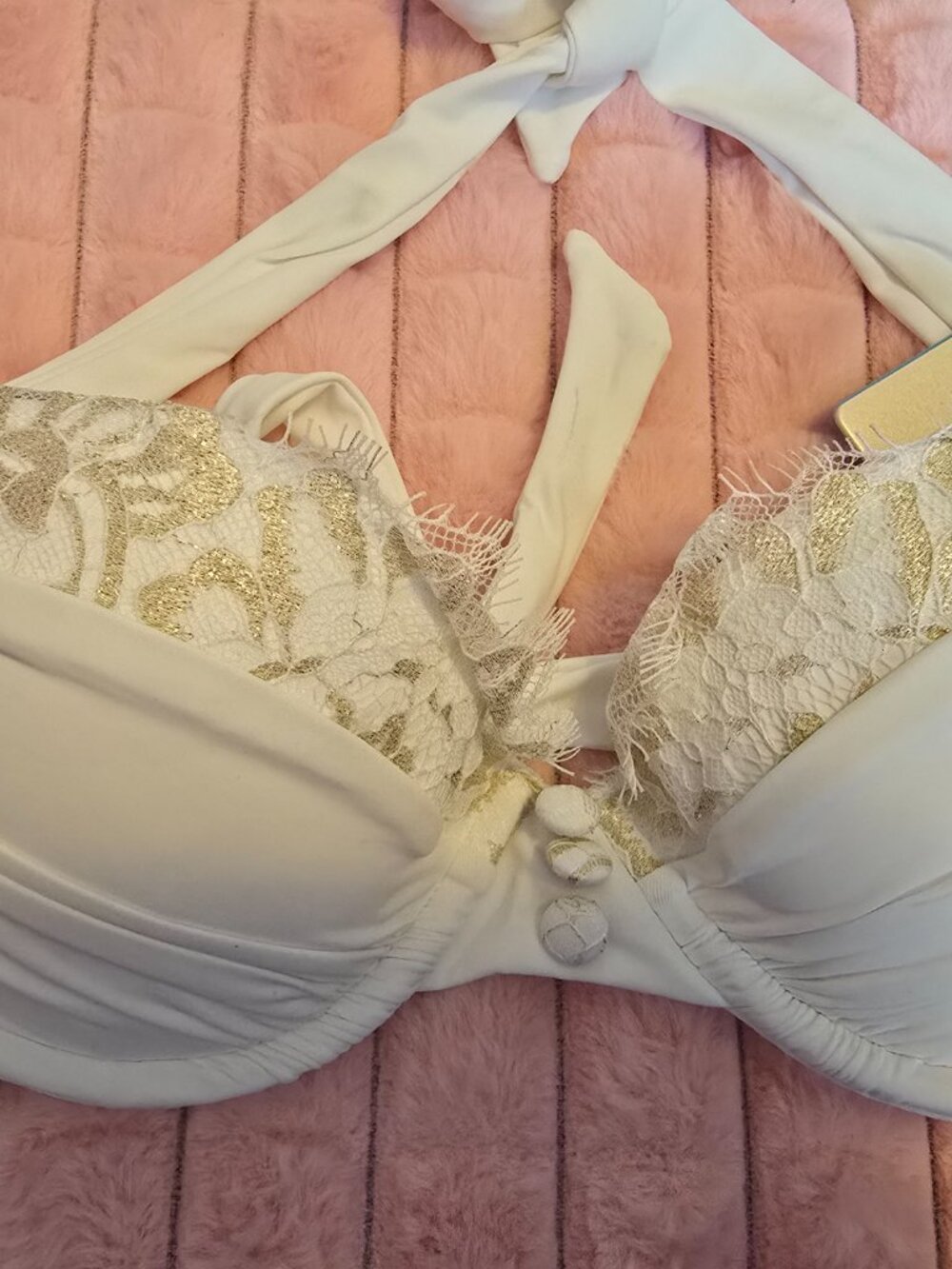 White Swim top with gold Lace